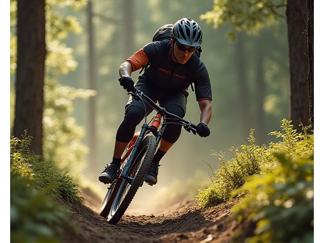 Cyclist riding on a rugged trail, showcasing durable and reliable gear