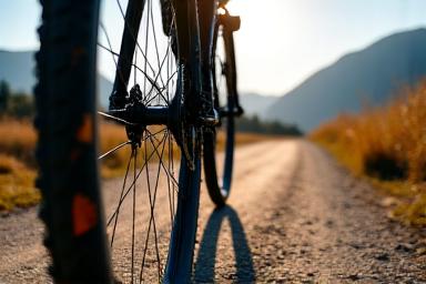 Bike tires on a gravel road with mountains in background