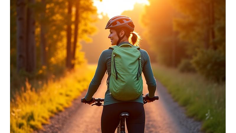 Woman cyclist enjoying a scenic touring ride on a gravel path, showcasing freedom and adventure with proper gear.